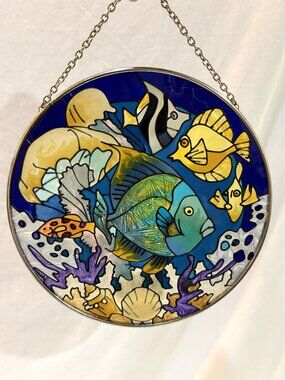 Joan Baker Hand Painted Stained Glass Tropical Fish Suncatcher Window Decor